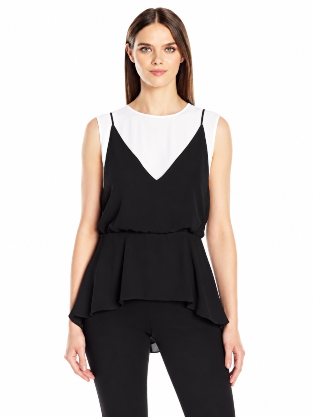 BCBGMAXAZRIA Elain Black White Layered Georgette High Low Peplum Blouse Medium